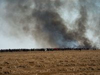 Protesters are walking past a wildfire started by a launched tear gas canister during a march as part of a rally against the construction of...