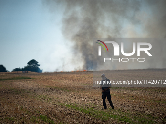 A protester is watching a wildfire started by a launched tear gas canister during a march as part of a rally against the construction of a g...