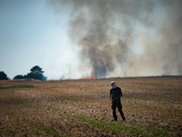 A protester is watching a wildfire started by a launched tear gas canister during a march as part of a rally against the construction of a g...