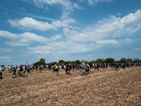 Protesters are marching during a demonstration against the construction of a giant water reservoir (mega-bassine) in Migne-Auxances, western...