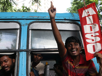 Activists of the Progressive Democratic Students Federation are shouting slogans after the arrest at the march in a protest rally towards th...