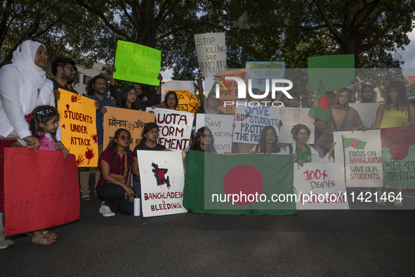 The Bangladeshi community is holding a rally in front of the country's Embassy in Washington DC, USA, on July 19, 2024. They are demanding a...