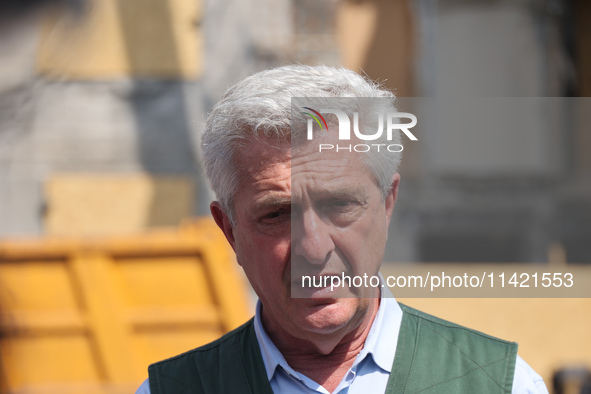 UN High Commissioner for Refugees Filippo Grandi is visiting the site of the aftermath of the Russian missile attack on a residential apartm...