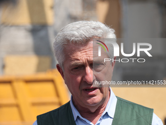 UN High Commissioner for Refugees Filippo Grandi is visiting the site of the aftermath of the Russian missile attack on a residential apartm...