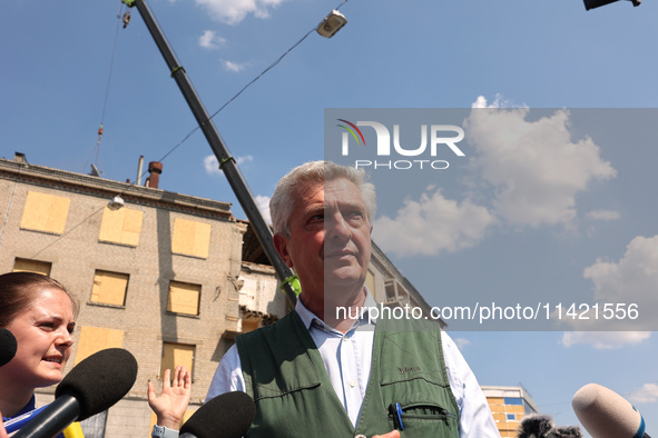 UN High Commissioner for Refugees Filippo Grandi is visiting the site of the aftermath of the Russian missile attack on a residential apartm...