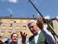 UN High Commissioner for Refugees Filippo Grandi is visiting the site of the aftermath of the Russian missile attack on a residential apartm...