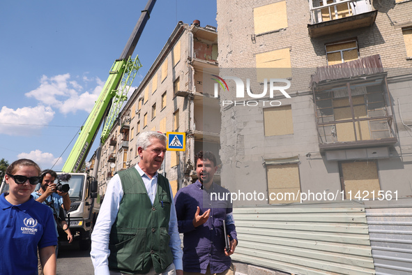 UN High Commissioner for Refugees Filippo Grandi is visiting the site of the aftermath of the Russian missile attack on a residential apartm...