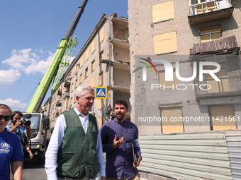 UN High Commissioner for Refugees Filippo Grandi is visiting the site of the aftermath of the Russian missile attack on a residential apartm...