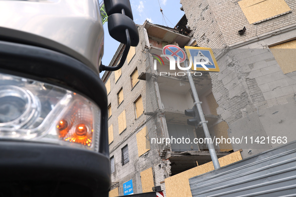 The aftermath of a Russian missile attack on a residential apartment building is unfolding in Kharkiv, Ukraine, on July 17, 2024. 