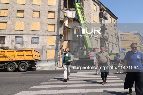 UN High Commissioner for Refugees Filippo Grandi is visiting the site of the aftermath of the Russian missile attack on a residential apartm...