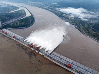 Floodwater is being released from seven drainage holes at the Three Gorges Hub of the Yangtze River in Yichang, China, on July 20, 2024. (