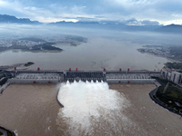 Floodwater is being released from seven drainage holes at the Three Gorges Hub of the Yangtze River in Yichang, China, on July 20, 2024. (