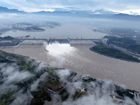 Floodwater is being released from seven drainage holes at the Three Gorges Hub of the Yangtze River in Yichang, China, on July 20, 2024. (