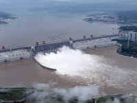 Floodwater is being released from seven drainage holes at the Three Gorges Hub of the Yangtze River in Yichang, China, on July 20, 2024. (