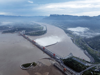 Floodwater is being released from seven drainage holes at the Three Gorges Hub of the Yangtze River in Yichang, China, on July 20, 2024. (