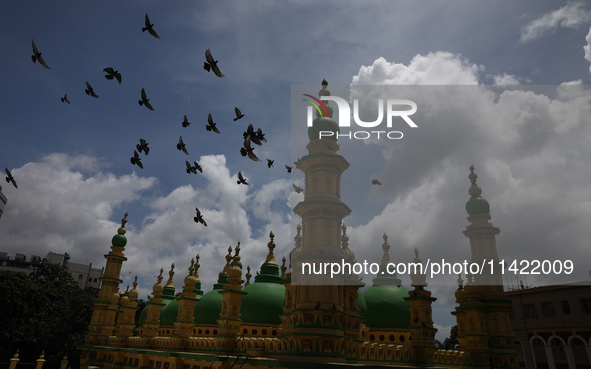 Pigeons are flying over the Tipu Sultan Shahi Mosque as monsoon clouds are gathering in the sky in Kolkata, India, on July 20, 2024. The Tip...