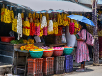 Merchants are selling floral garlands in the East Fort in Thiruvananthapuram (Trivandrum), Kerala, India, on April 13, 2024. (