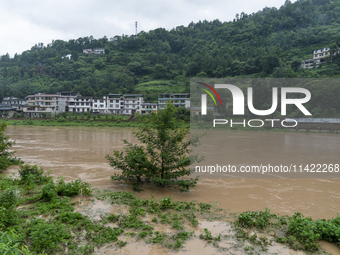 Floodwaters are inundating farmland and trees along the banks of the Tunpu section of Qingjiang River in Enshi, Hubei province, China, on Ju...