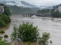 Floodwaters are inundating farmland and trees along the banks of the Tunpu section of Qingjiang River in Enshi, Hubei province, China, on Ju...