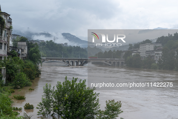 Floodwaters are inundating farmland and trees along the banks of the Tunpu section of Qingjiang River in Enshi, Hubei province, China, on Ju...