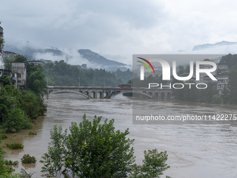 Floodwaters are inundating farmland and trees along the banks of the Tunpu section of Qingjiang River in Enshi, Hubei province, China, on Ju...