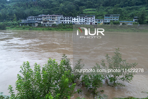 Floodwaters are inundating farmland and trees along the banks of the Tunpu section of Qingjiang River in Enshi, Hubei province, China, on Ju...