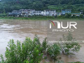 Floodwaters are inundating farmland and trees along the banks of the Tunpu section of Qingjiang River in Enshi, Hubei province, China, on Ju...