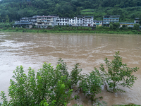 Floodwaters are inundating farmland and trees along the banks of the Tunpu section of Qingjiang River in Enshi, Hubei province, China, on Ju...