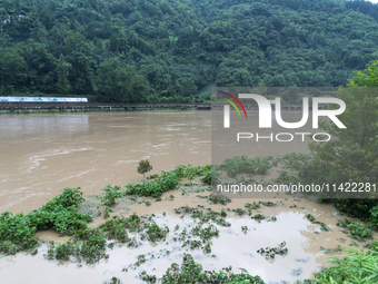 Floodwaters are inundating farmland and trees along the banks of the Tunpu section of Qingjiang River in Enshi, Hubei province, China, on Ju...