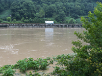 Floodwaters are inundating farmland and trees along the banks of the Tunpu section of Qingjiang River in Enshi, Hubei province, China, on Ju...