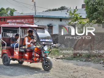 An auto-rickshaw is driving past a donkey in Haldwani, Uttarakhand, India, on April 23, 2024. (