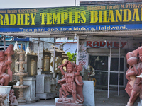 A shop is selling idols of Hindu gods and goddesses in Haldwani, Uttarakhand, India, on April 23, 2024. (