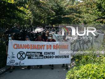 Protesters of Extinction Rebellion are holding a banner that reads ''Change of regime'' during a demonstration against the construction of a...