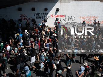 Protesters are walking among the houses of a village during a demonstration against the construction of a giant water reservoir (mega-bassin...