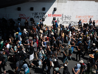 Protesters are walking among the houses of a village during a demonstration against the construction of a giant water reservoir (mega-bassin...