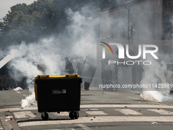 French gendarmes are using tear gas against demonstrators during a demonstration against the construction of a giant water reservoir (mega-b...