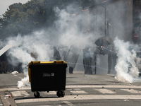 French gendarmes are using tear gas against demonstrators during a demonstration against the construction of a giant water reservoir (mega-b...