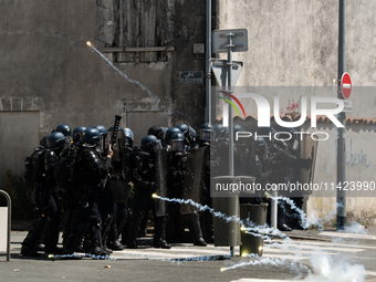 French gendarmes are being attacked by demonstrators with fireworks during a demonstration against the construction of a giant water reservo...