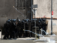 French gendarmes are being attacked by demonstrators with fireworks during a demonstration against the construction of a giant water reservo...