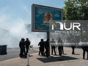 French gendarmes are using tear gas against demonstrators during a demonstration against the construction of a giant water reservoir (mega-b...