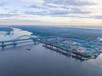 The photo is showing the Chang-Tai Yangtze River Bridge under construction in Taixing, Jiangsu province, China, on July 21, 2024. (