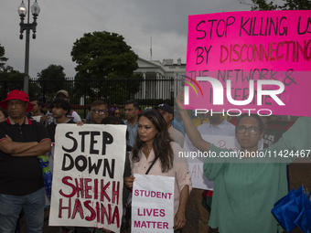 A demonstrator of the Bangladeshi community is holding a sign with the words ''Stop killing us by disconnecting the network & internet'' dur...