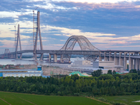 The steel deck pavement of the main channel bridge of the Changtai Yangtze River Bridge is under construction in Taixing, China, on July 21,...