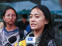 Mahima, a Nepali student who is returning from violence-hit Bangladesh, is speaking to the media upon arriving at Tribhuvan International Ai...