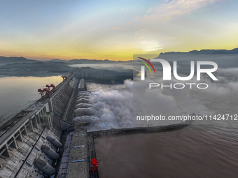 A spectacular view is showing the opening of the Three Gorges Dam to release floodwater in Yichang, Hubei province, China, on July 21, 2024....