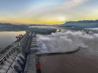 A spectacular view is showing the opening of the Three Gorges Dam to release floodwater in Yichang, Hubei province, China, on July 21, 2024....