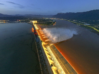 A spectacular view is showing the opening of the Three Gorges Dam to release floodwater in Yichang, Hubei province, China, on July 21, 2024....