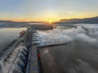 A spectacular view is showing the opening of the Three Gorges Dam to release floodwater in Yichang, Hubei province, China, on July 21, 2024....