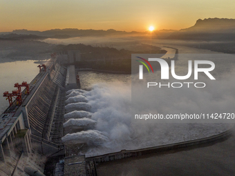 A spectacular view is showing the opening of the Three Gorges Dam to release floodwater in Yichang, Hubei province, China, on July 21, 2024....