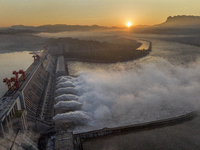 A spectacular view is showing the opening of the Three Gorges Dam to release floodwater in Yichang, Hubei province, China, on July 21, 2024....